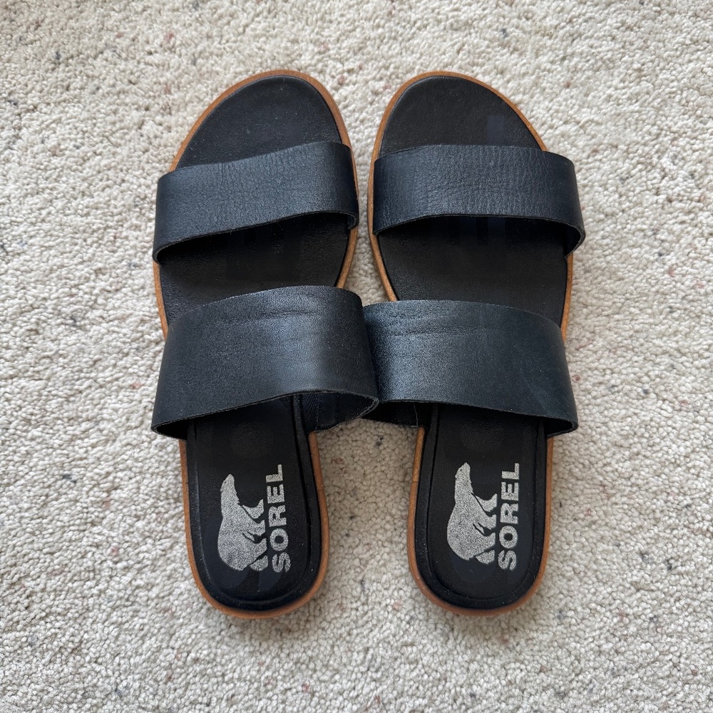 Sorel Ella II Black Double-Strap Slide Sandals